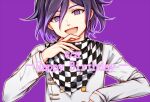  1boy :d bangs black_hair checkered checkered_neckwear checkered_scarf dangan_ronpa_(series) dangan_ronpa_v3:_killing_harmony dated grey_jacket hair_between_eyes hand_on_own_chin hand_up happy_birthday jacket long_sleeves looking_at_viewer male_focus meipoi open_mouth ouma_kokichi purple_background purple_hair scarf simple_background smile solo straitjacket upper_body violet_eyes 