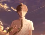  1boy ahoge arm_at_side bangs breast_pocket brown_eyes brown_hair clouds commentary_request dangan_ronpa_(series) dangan_ronpa_2:_goodbye_despair dated green_neckwear hand_up hinata_hajime looking_at_viewer male_focus meipoi necktie open_mouth outdoors pocket shirt short_hair short_sleeves signature sky solo striped upper_body white_shirt 