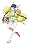  1girl asymmetrical_footwear bangs black_hair blue_eyes blunt_bangs closed_mouth collarbone elesa_(pokemon) emolga flowers-imh fur_jacket gen_5_pokemon gym_leader hand_on_headphones headphones highres jacket joltik long_sleeves looking_to_the_side pokemon pokemon_(creature) pokemon_(game) pokemon_bw2 shoes short_hair_with_long_locks simple_background smile white_background yellow_jacket 