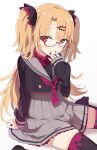 1girl akatsuki_uni alternate_costume bespectacled commentary_request glasses gochou_(atemonai_heya) hair_ornament hairclip highres looking_at_viewer red_eyes school_uniform simple_background sitting smile solo thigh-highs uni_create virtual_youtuber white_background 