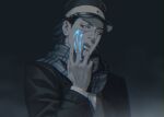  1boy black_eyes black_hair blue_blood buttons finger_licking golden_kamuy hat imperial_japanese_army kepi licking looking_at_viewer male_focus military_hat scar scar_on_cheek scar_on_face scar_on_nose scarf short_hair simple_background solo spiky_hair spot_color sugimoto_saichi upper_body veins w55674570w 