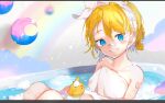  bathing bathtub blonde_hair blue_eyes grin highres kagamine_rin looking_at_viewer naked_towel number_tattoo oyamada_gamata pale_skin rubber_duck shoulder_tattoo smile soap_bubbles tattoo towel vocaloid 