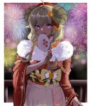  1girl :d absurdres aerial_fireworks ahoge animal_ears blonde_hair blush border bow braid cowboy_shot curled_horns fan fan_over_face fireworks fur-trimmed_kimono fur_trim hair_bow highres holding holding_fan hololive horns japanese_clothes kimono long_hair long_sleeves looking_at_viewer low_braid open_mouth paper_fan railing red_bow red_kimono rye_(hyn_uka) sheep_ears sheep_horns smile solo standing tsunomaki_watame twin_braids violet_eyes white_border 