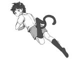  1boy animal_ears artist_name cat_boy cat_ears cat_tail dangan_ronpa_(series) dangan_ronpa_2:_goodbye_despair dated extra_ears foot_up from_behind full_body greyscale hinata_hajime kemonomimi_mode kneehighs looking_at_viewer looking_back lying male_focus meipoi monochrome necktie no_shoes on_stomach shirt short_hair short_sleeves shorts signature simple_background socks solo tail white_background 