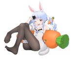  1girl absurdres animal_ears bare_shoulders black_legwear black_panties blue_hair breasts carrot extra_ears feet fur-trimmed_jacket fur_scarf fur_trim highres jacket legs long_hair no_shoes one_eye_closed original panties panties_under_pantyhose pantyhose rabbit_ears red_eyes rubyaano_(ducl323) scarf skirt small_breasts smile soles solo twintails underwear white_background white_scarf white_skirt 