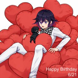  1boy bangs black_footwear black_hair black_headwear black_jacket black_pants blush checkered checkered_scarf chibi dangan_ronpa_(series) dangan_ronpa_v3:_killing_harmony eyebrows_visible_through_hair feet_out_of_frame grey_background hair_between_eyes happy_birthday heart heart_pillow jacket long_sleeves looking_at_another male_focus meipoi mixed-language_commentary open_mouth ouma_kokichi pants pillow saihara_shuuichi scarf sitting solo too_many violet_eyes white_jacket white_pants 