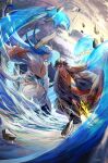  2boys bangs black_hair blue_hair blurry blurry_foreground border0715 brown_hair closed_mouth clouds cloudy_sky earrings falling falling_rock fighting fingernails fur fur_trim genshin_impact hair_between_eyes highres holding holding_polearm holding_spear holding_weapon jacket jewelry long_hair long_sleeves male_focus monster multicolored_hair multiple_boys open_clothes osial_(genshin_impact) pectorals polearm rain rock signature single_earring sky smile spear tag tassel tassel_earrings water weapon yellow_eyes zhongli_(genshin_impact) 