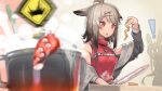  ! 0_0 2girls :o amiya_(arknights) animal_ears arknights arm_up bangs bare_shoulders blush brown_hair cooking cutter_(arknights) cutting_board eyebrows_visible_through_hair food fox_ears fox_tail gradient_hair grey_jacket hair_ornament hairclip hellnyaa highres holding holding_food holding_knife jacket jewelry knife long_sleeves multicolored_hair multiple_girls necklace open_clothes open_jacket open_mouth pot rabbit_ears red_eyes red_shirt shirt solo_focus spring_(season) surprised tail tentacles upper_body x_hair_ornament 