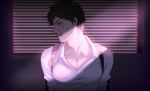  1boy blinds blood blood_from_mouth blood_on_face brown_eyes bruise collarbone collared_shirt commentary_request dangan_ronpa_(series) dangan_ronpa_2:_goodbye_despair hinata_hajime indoors injury light looking_at_viewer male_focus meipoi nosebleed pectorals profile shirt short_hair solo upper_body white_shirt window 