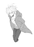  1boy bangs closed_mouth collarbone cropped_legs dangan_ronpa_(series) dangan_ronpa_2:_goodbye_despair full_body greyscale hands_in_pockets hood hood_down hoodie jacket komaeda_nagito long_sleeves looking_at_viewer looking_to_the_side male_focus meipoi messy_hair monochrome open_clothes open_jacket pants shirt short_hair simple_background solo standing white_background 