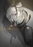  1boy black_eyes black_hair blood blood_from_mouth bullet collared_jacket eyepatch facial_hair golden_kamuy hair_slicked_back hair_strand highres imperial_japanese_army male_focus military military_uniform nosebleed ogata_hyakunosuke scar scar_on_cheek scar_on_face shadow short_hair simple_background solo spot_color stubble undercut uniform w55674570w 
