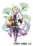  1girl ahoge black_legwear black_neckwear boots choker coat cross-laced_footwear dress eyewear_on_head flask flower flower_knight_girl full_body grin hemlock_(flower_knight_girl) knee_boots lace-up_boots light_green_hair long_hair looking_at_viewer mataichi_mataro multicolored multicolored_clothes multicolored_dress object_namesake official_art purple_ribbon ribbon simple_background smile solo standing thigh-highs twintails violet_eyes white_background white_coat white_footwear zettai_ryouiki 