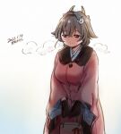  1girl alternate_costume artist_name bag black_gloves black_hair breasts breath brown_coat coat cowboy_shot dated gloves hair_flaps hair_ornament hairclip jingei_(kantai_collection) kantai_collection kirisawa_juuzou large_breasts long_hair low_ponytail red_eyes simple_background solo white_background 