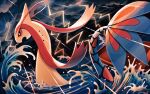  clouds commentary_request gen_3_pokemon lightning milotic mofge no_humans open_mouth outdoors pokemon pokemon_(creature) rain red_eyes solo storm swimming water 
