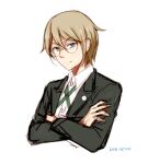  1boy bangs black_jacket blonde_hair blue_eyes brown_hair closed_mouth collared_shirt commentary_request cropped_torso crossed_arms dangan_ronpa:_trigger_happy_havoc dangan_ronpa_(series) dated formal glasses hair_between_eyes jacket long_sleeves looking_at_viewer male_focus meipoi necktie round_eyewear shirt short_hair simple_background sketch solo togami_byakuya upper_body white_background white_shirt wing_collar 