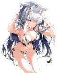  1girl animal_ears animal_print armpits arms_up bikini breasts cow_ears cow_girl cow_print cow_tail horns large_breasts long_hair looking_at_viewer navel original silver_hair simple_background solo swimsuit tail tomura2maru very_long_hair violet_eyes white_background 
