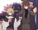  2boys bangs belt blonde_hair blurry blurry_background braid braided_ponytail brown_hair bubble_tea choker closed_mouth collarbone cup disposable_cup drinking_straw earrings eyebrows_visible_through_hair formal genshin_impact hair_between_eyes hair_ornament hairclip highres holding holding_cup jacket jacket_removed jewelry long_hair long_sleeves looking_at_another lumine_(genshin_impact) male_focus multicolored_hair multiple_boys open_mouth single_earring smile suit tassel tassel_earrings tea xuxuryn yellow_eyes zhongli_(genshin_impact) 
