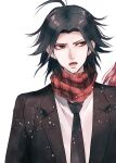  1boy ahoge bangs black_hair black_jacket brown_eyes collared_shirt commentary_request dangan_ronpa/zero dangan_ronpa_(series) formal jacket looking_to_the_side lower_teeth male_focus matsuda_yasuke necktie open_clothes open_mouth parted_bangs red_scarf sakuyu scarf shirt short_hair sideways_glance simple_background solo upper_body white_background white_shirt 