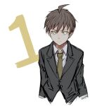  1boy bangs black_hair black_jacket brown_eyes brown_hair closed_mouth collared_shirt commentary_request cropped_torso dangan_ronpa_(series) dangan_ronpa_3_(anime) formal frown green_neckwear jacket looking_at_viewer male_focus meipoi naegi_makoto necktie number shirt simple_background solo suit upper_body white_background white_shirt 