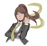  1girl :o asahina_aoi bangs black_jacket blue_eyes breasts brown_hair brown_neckwear collared_shirt commentary_request cropped_torso dangan_ronpa_(series) dangan_ronpa_3_(anime) dark_skin dark-skinned_female floating_hair formal hand_up high_ponytail jacket long_hair long_sleeves looking_at_viewer lowres meipoi necktie open_clothes open_jacket open_mouth ponytail shirt smile solo upper_body white_shirt 
