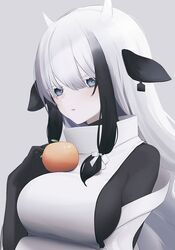  1girl animal_ears black_hair blue_eyes blush bodystocking breasts bright_pupils cow_ears cow_girl cow_horns ear_clip food fruit gradient_hair grey_background hair_between_eyes hand_up highres horns large_breasts long_hair long_sleeves looking_at_viewer mandarin_orange migihidari_(puwako) multicolored_hair oppai_mochi original pale_skin parted_lips simple_background solo streaked_hair upper_body white_hair white_pupils 