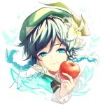  1boy absurdres apple black_hair blue_hair bow braid bug butterfly character_name closed_mouth flower food frilled_sleeves frills fruit genshin_impact gradient_hair green_eyes green_headwear hair_flower hair_ornament hat highres holding holding_food holding_fruit insect kyou_kzn leaf looking_at_viewer male_focus multicolored_hair otoko_no_ko simple_background smile solo twin_braids venti_(genshin_impact) white_background 