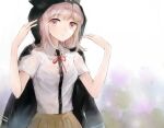  1girl animal_ears bag bangs black_jacket breasts brown_skirt cat_ears collared_shirt commentary_request cowboy_shot dangan_ronpa_(series) dangan_ronpa_2:_goodbye_despair dress_shirt eyebrows_visible_through_hair fake_animal_ears flipped_hair hair_ornament hairclip hands_up hood hoodie jacket jacket_on_shoulders light_brown_hair looking_at_viewer medium_breasts medium_hair multicolored multicolored_background nanami_chiaki neck_ribbon pink_eyes pink_ribbon pleated_skirt red_ribbon ribbon shirt short_sleeves skirt solo wet wet_hair white_shirt xsinon 