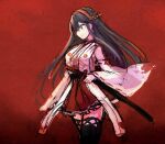  1girl black_hair boots commentary_request cowboy_shot detached_sleeves gradient gradient_background hair_ornament hairband hairclip haruna_(kantai_collection) headgear japanese_clothes kantai_collection long_hair profile red_background red_skirt ribbon-trimmed_sleeves ribbon_trim skirt solo standing sword thigh-highs thigh_boots weapon wss_(nicoseiga19993411) 