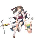  1girl amazuyu_tatsuki animal_ears bangs brown_footwear brown_hair detached_sleeves eyebrows_visible_through_hair full_body highres holding holding_staff kneehighs loafers looking_at_viewer loose_socks mole mole_under_eye nekone_(utawareru_mono) official_art red_eyes ribbon-trimmed_sleeves ribbon_trim shoes skirt smile solo staff tail transparent_background twintails utawareru_mono utawareru_mono:_lost_frag white_legwear 