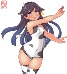  1girl alternate_costume animal_ears animal_print artist_logo bell black_eyes black_hair breasts commentary_request cow_ears cow_horns cow_print cowbell cowboy_shot dated ear_tag fake_animal_ears fake_horns highres horns i-400_(kantai_collection) kanon_(kurogane_knights) kantai_collection long_hair one-piece_tan open_mouth pose round_teeth school_swimsuit simple_background small_breasts smile solo swimsuit tan tanline teeth thigh-highs upper_teeth white_background white_legwear white_swimsuit 