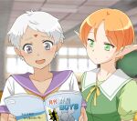  2girls :o alternate_costume blurry blurry_background blush book collar collarbone commentary_request contemporary dark_skin elf gensou_suikoden gensou_suikoden_iv green_eyes green_shirt grey_eyes ham_pon holding holding_book jewel_(suikoden) multiple_girls orange_hair paula_(suikoden) pointy_ears purple_collar school school_uniform serafuku shirt short_hair short_sleeves silver_hair sweatdrop white_shirt 