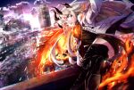  1girl absurdres arknights boots building city dragon_horns dragon_tail fiery_tail fiery_wings highres horns huge_filesize jacket long_hair mika_uni reed_(arknights) ribbed_sweater sweater tail thigh-highs thigh_boots white_hair white_jacket 