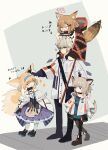  1boy 3girls :o absurdres animal_ears arknights blonde_hair blue_eyes blush carrying closed_eyes commentary_request executor_(arknights) fang fox_ears fox_girl fox_tail gloves grey_background grey_eyes grey_hair hairband hand_on_another&#039;s_head height_difference highres hood multiple_girls multiple_tails pantyhose partially_translated red_eyes ryu_(17569823) shoulder_carry skin_fang smile standing sussurro_(arknights) suzuran_(arknights) tail translation_request two-tone_background vermeil_(arknights) white_background white_gloves 