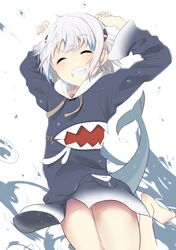  1girl arms_up bangs barefoot blue_hair blue_hoodie blush cac_itinose closed_eyes commentary drawstring eyebrows_visible_through_hair facing_viewer fish_tail gawr_gura grin hair_ornament highres hololive hololive_english hood hood_down hoodie multicolored_hair shark_tail silver_hair simple_background smile solo streaked_hair tail tail_raised two_side_up virtual_youtuber water water_drop white_background 