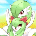  2girls arms_up bangs blue_sky bob_cut clouds colored_skin commentary_request day eye_contact field flower flower_field gardevoir gen_3_pokemon green_hair green_skin hair_over_one_eye happy highres hug hug_from_behind kirlia looking_at_another looking_down looking_up multicolored multicolored_skin multiple_girls open_mouth outdoors petals pokemon pokemon_(creature) red_eyes rorosuke short_hair sitting sitting_on_lap sitting_on_person sky smile two-tone_skin upper_body white_skin yellow_flower 