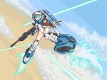  1girl brown_eyes brown_hair cecihoney clouds english_commentary floating_hair flying gun helmet holding holding_gun holding_knife holding_weapon knife laser leotard long_hair mecha_musume original pixel_art sky solo v-shaped_eyebrows visor weapon 