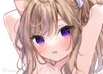  1girl animal_ears arms_up bangs blush brown_hair cat_ears close-up face fang hair_ribbon leo_(mafuyu) long_hair looking_at_viewer mafuyu_(chibi21) multicolored_hair open_mouth original purple_hair ribbon solo streaked_hair violet_eyes wet white_background 