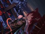  1girl animal_ears arms_up bangs blue_ribbon hair_ornament highres holding holding_umbrella long_hair looking_at_viewer mikisai night oil-paper_umbrella open_mouth original red_eyes redhead ribbon sidelocks solo sword umbrella weapon 
