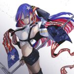  1girl american_flag anno88888 arm_up bangs black_neckwear black_skirt blue_eyes blue_hair breasts closed_mouth commentary_request eyebrows_visible_through_hair flag gradient gradient_background highres holding holding_flag jacket kantai_collection large_breasts long_hair long_sleeves looking_at_viewer multicolored_hair necktie redhead shirt simple_background single_leg_pantyhose skirt sleeveless sleeveless_shirt solo south_dakota_(kantai_collection) star_(symbol) white_hair white_shirt 