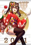  1girl 2021 :d black_hair black_legwear bow candy_apple chinese_zodiac egasumi fang floral_print food hair_bow japanese_clothes kimono making-of_available new_year obi open_mouth original red_bow red_eyes red_kimono sash sidelocks smile tasuku_(user_fkzv3343) thigh-highs twintails wide_sleeves year_of_the_ox yellow_bow 