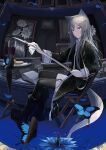  1girl absurdres alcohol animal_ears bangs black_clothes book bug butterfly chair cleaning cleaning_sword cleaning_weapon cup drinking_glass flower grey_hair grey_tail highres holding holding_sword holding_weapon indoors insect long_hair long_sleeves looking_at_viewer mikisai open_mouth original painting_(object) sidelocks sitting solo sword tail thigh-highs thigh_strap violet_eyes weapon wine wine_glass 
