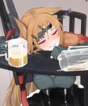  1girl absurdres alcohol alternate_costume animal_ears archetto_(arknights) arknights bangs beer beer_mug blonde_hair blush breasts closed_eyes cup gloves gun headdress highres ka_keo large_breasts long_hair messy_hair mug simple_background skirt sleeping smile straight_hair uniform weapon zzz 