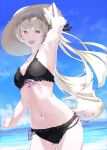  1girl animal_ears arm_up bangs bikini black_bikini blonde_hair breasts eyebrows_visible_through_hair frills hat highres long_hair looking_at_viewer medium_breasts mikisai navel ocean open_mouth original pink_ribbon red_eyes ribbon sidelocks sky solo stomach swimsuit swimwear tail twintails upper_teeth water yellow_tail 