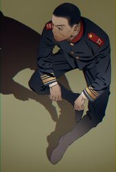  1boy black_eyes black_hair blue_jacket buttons buzz_cut collared_jacket expressionless facial_hair full_body golden_kamuy gun highres holding holding_gun holding_weapon imperial_japanese_army jacket long_sleeves looking_at_another male_focus military military_uniform shadow short_hair simple_background sitting solo stubble tsukishima_hajime uniform very_short_hair w55674570w weapon 