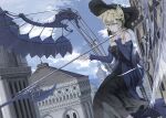  1girl animal_ears bangs black_dress blonde_hair bow breasts closed_mouth dress eyebrows_visible_through_hair glasses green_eyes hands_up hat hat_bow highres holding holding_weapon house looking_ahead medium_breasts medium_hair mikisai original sidelocks sky solo weapon 