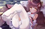 1girl animal_ears azur_lane blush bow breasts brown_hair commentary_request detached_sleeves hair_bow harutsuki_(azur_lane) highres legs_up long_hair no_shoes nyahu_(nyahu_77) open_mouth pantyhose small_breasts soles solo water white_legwear yellow_eyes 