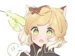  ! !! 1girl afterimage animal_ear_fluff animal_ears arknights black_gloves black_jacket blonde_hair brown_hair cat_ears cattail commentary_request fingerless_gloves gloves hand_up jacket mgmg_cc211 mousse_(arknights) multicolored_hair plant portrait shirt simple_background solo spoken_exclamation_mark two-tone_hair white_background white_shirt 
