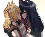  2girls animal_ear_fluff animal_ears arknights bandaid bandaid_on_face bandaid_on_nose black_capelet black_gloves black_hair blonde_hair brown_eyes capelet closed_mouth eye_contact fingerless_gloves from_side gloves gomiyama hand_on_another&#039;s_cheek hand_on_another&#039;s_face highres injury long_sleeves looking_at_another multicolored_hair multiple_girls parted_lips profile red_eyes redhead simple_background sketch sora_(arknights) texas_(arknights) twintails two-tone_hair upper_body white_background wolf_ears wolf_girl 