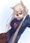  1girl animal_ears bangs blonde_hair eyebrows_visible_through_hair fang hair_between_eyes hair_ears hands_up highres looking_at_viewer mikisai open_mouth original pointing red_eyes sidelocks simple_background solo sunglasses twintails white_background 