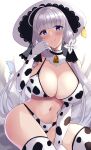  1girl absurdres alternate_costume animal_print azur_lane bare_shoulders bell blue_eyes breasts collar cow_girl cow_print cow_tail cowbell detached_collar elbow_gloves eyebrows_visible_through_hair gloves hat highres illustrious_(azur_lane) large_breasts long_hair looking_at_viewer simple_background sitting solo string_bikini sun_hat tag tail thigh-highs wee_(weeyy) white_collar white_hair white_headwear 